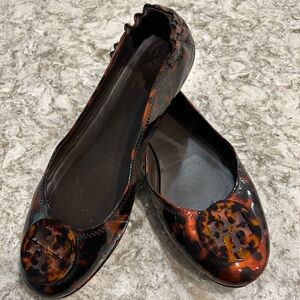 TORY BURCH Minnie Tortoise Print Patent Leather Ballet Flats 10.5